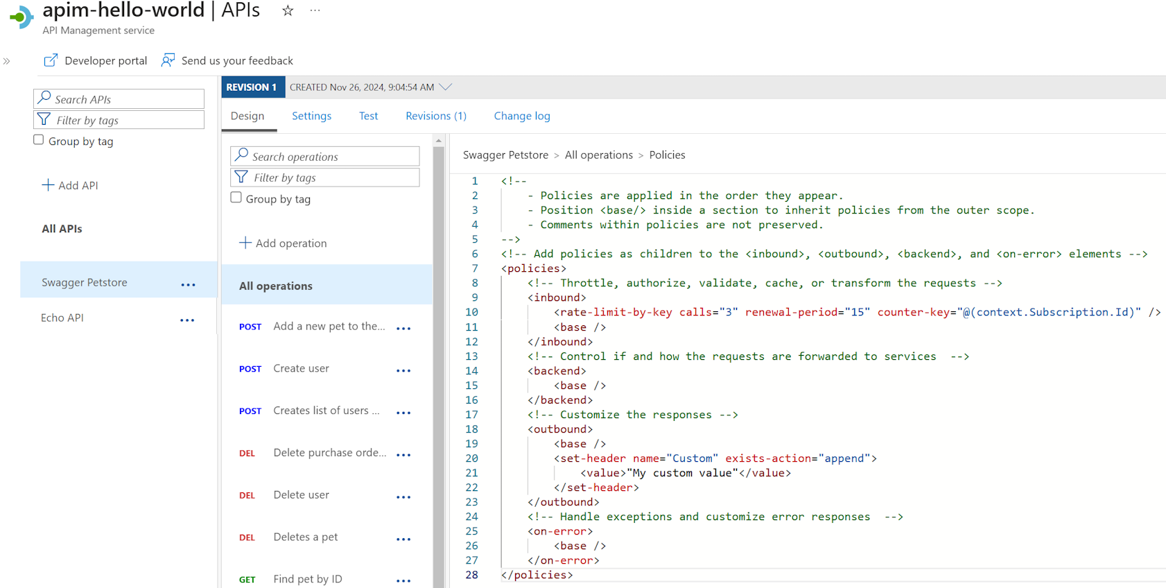 Screenshot of API Management policies in the portal.
