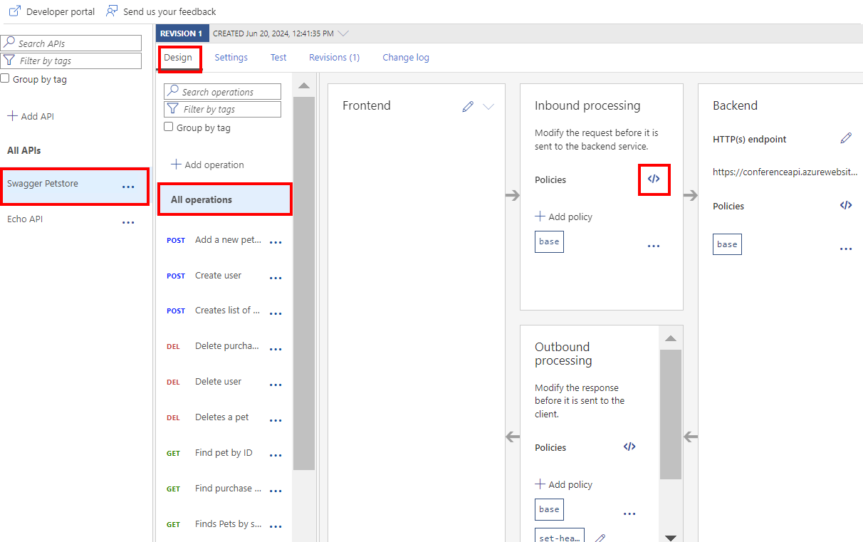 Screenshot of navigating to inbound policy code editor in the portal.
