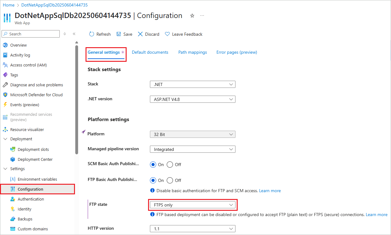 Screenshot that shows setting FTP state to FTPS only.