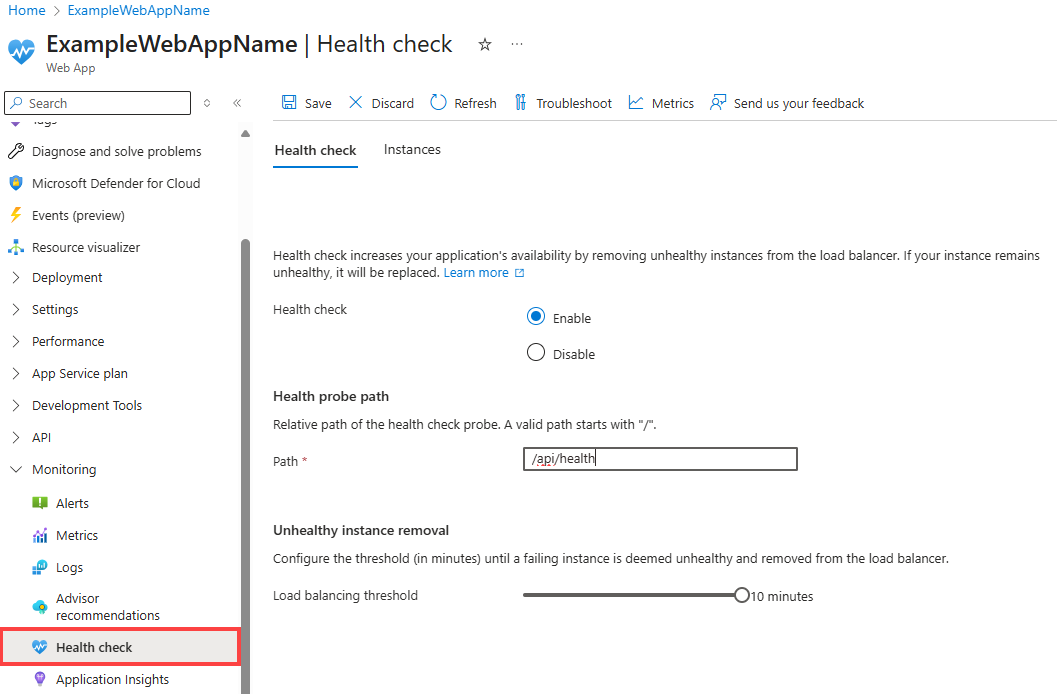 Screenshot that shows how to enable Health check in the Azure portal.