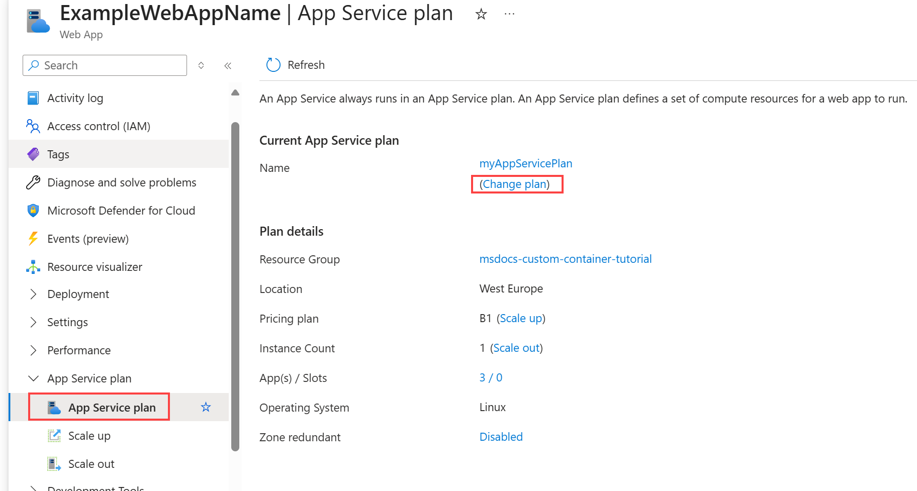 Screenshot of the App Service plan page.