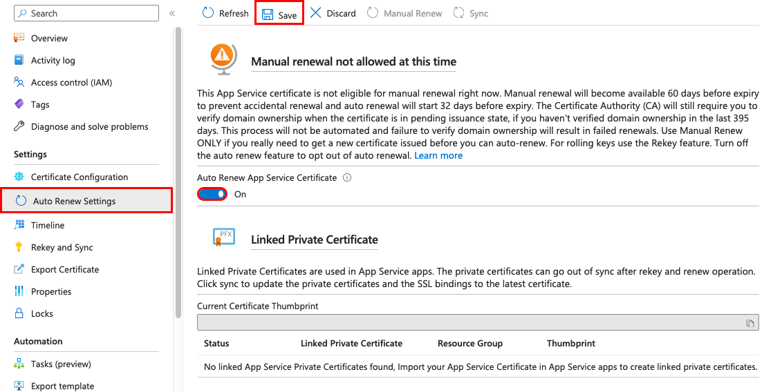 Screenshot that shows the specified certificate's autorenewal settings.