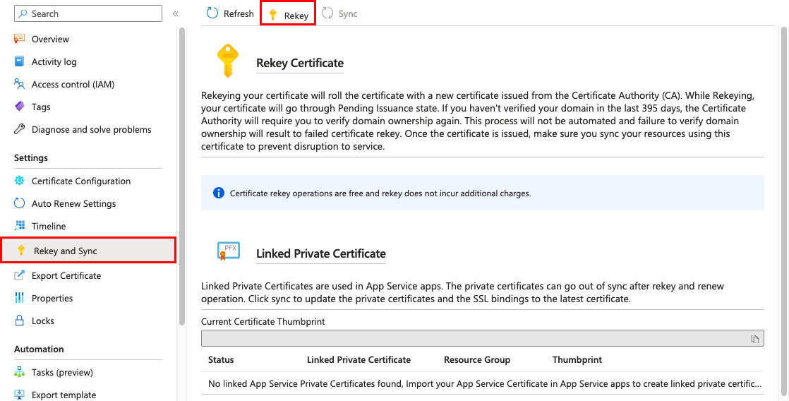 Screenshot that shows rekeying an App Service certificate.