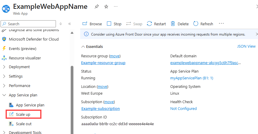 Screenshot showing how to scale up your app service plan.