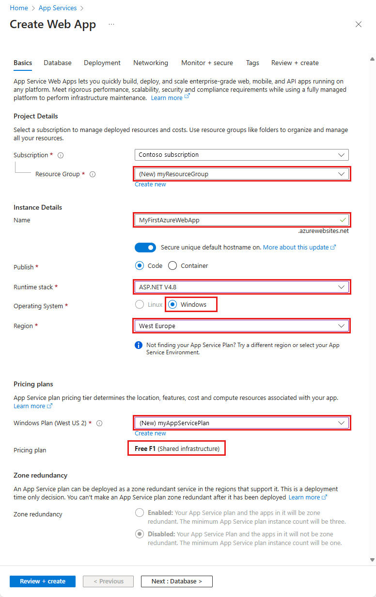 Screenshot of new App Service app configuration for .NET Framework V4.8 in the Azure portal.