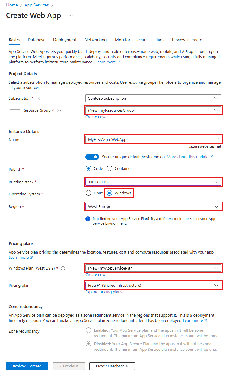 Screenshot of new App Service app configuration for .NET 8 in the Azure portal.