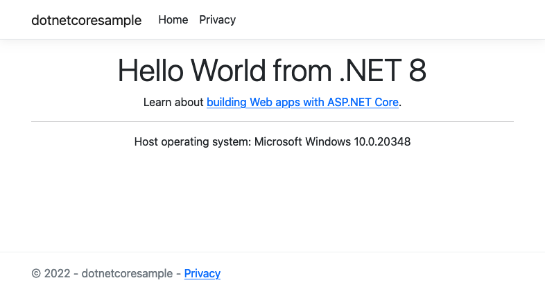 Screenshot of the deployed .NET 8.0 sample app.