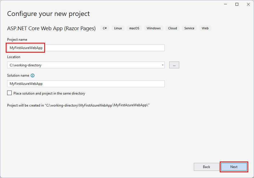 Screenshot of Visual Studio - Configure ASP.NET 8.0 web app.