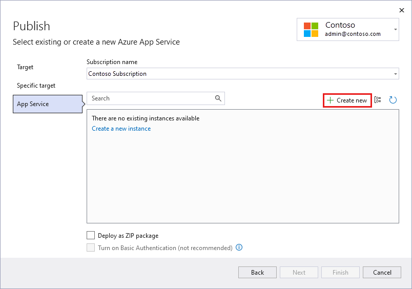 Screenshot of Visual Studio - New App Service app dialog.