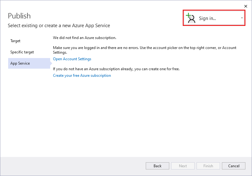 Screenshot of Visual Studio - Select sign in to Azure dialog.