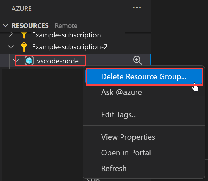 Screenshot of the Visual Studio Code navigation to delete a resource that contains App Service resources.