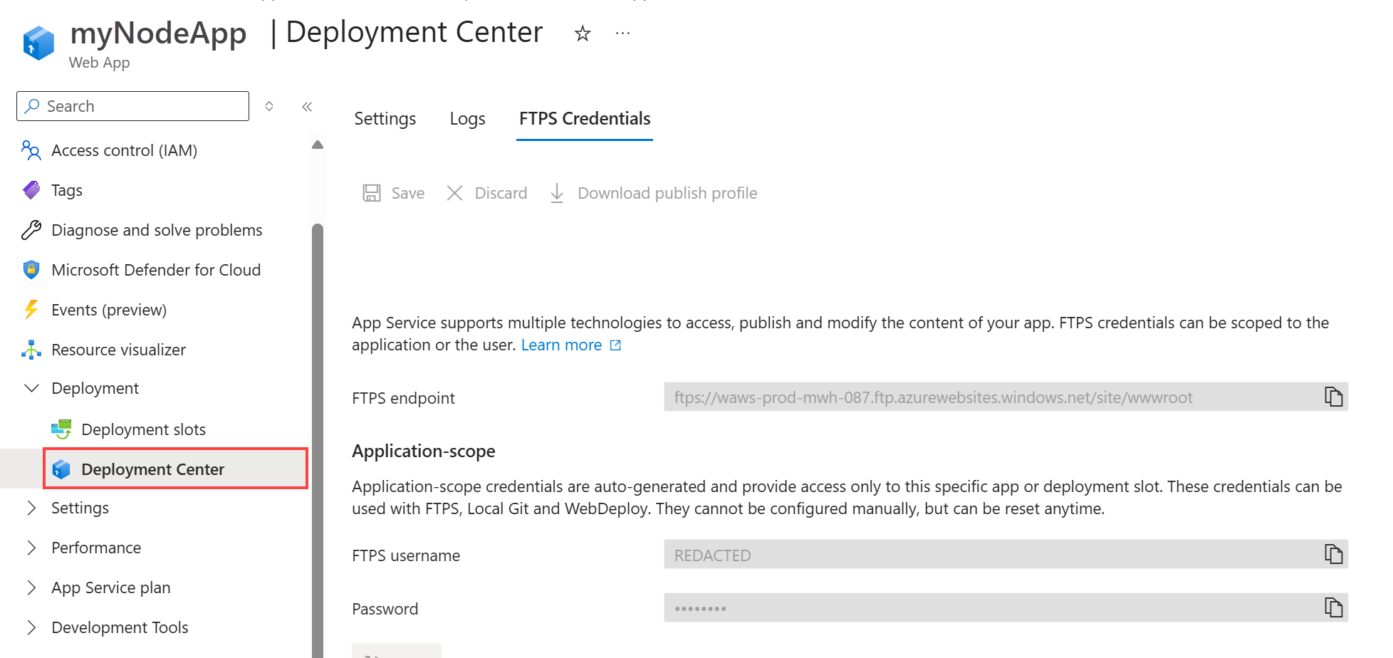 Screenshot that shows the FTPS deployment credentials tab.