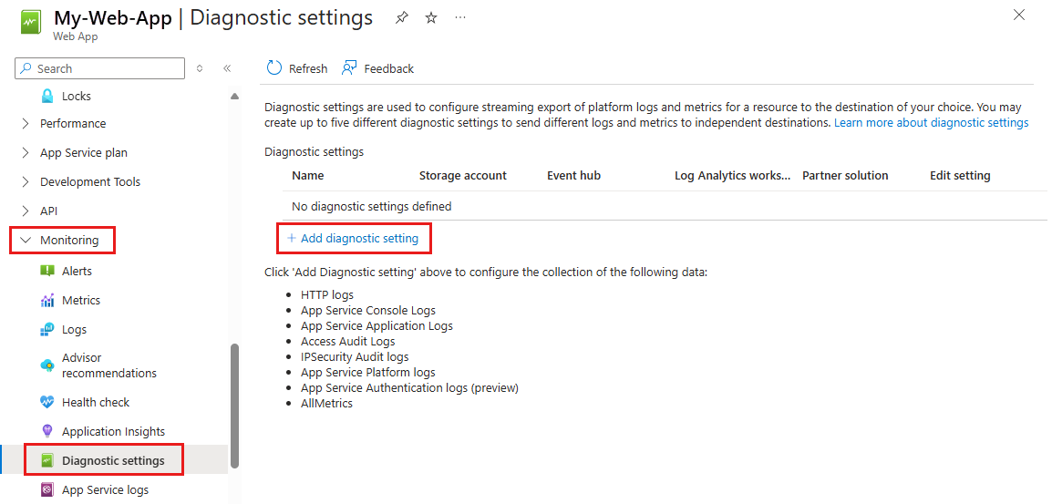 Screenshot that shows selections for displaying diagnostic settings and adding a diagnostic setting.