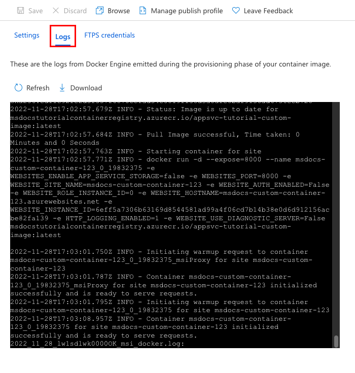 Screenshot showing log messages for pulling an image and starting the container.