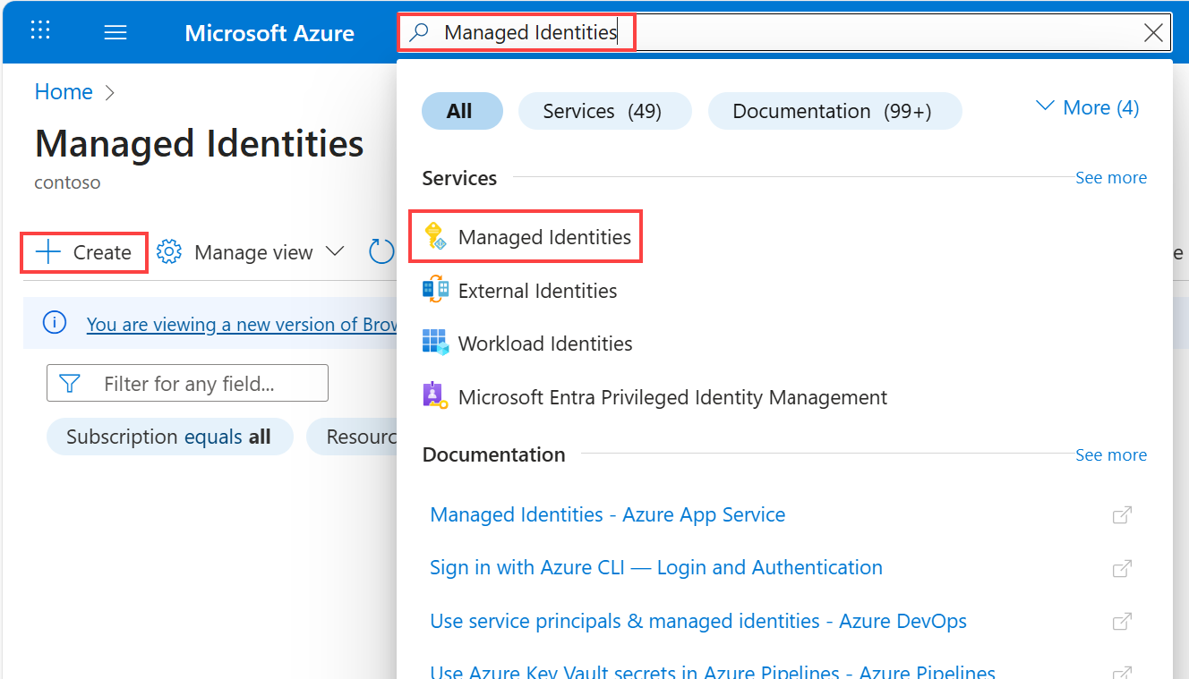 Screenshot showing how to use the search box to find the Create User Assigned Managed Identity page.