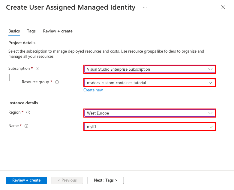 Screenshot showing how to configure a new managed identity.