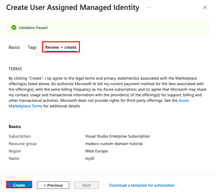 Screenshot showing the final steps for creating the managed identity.