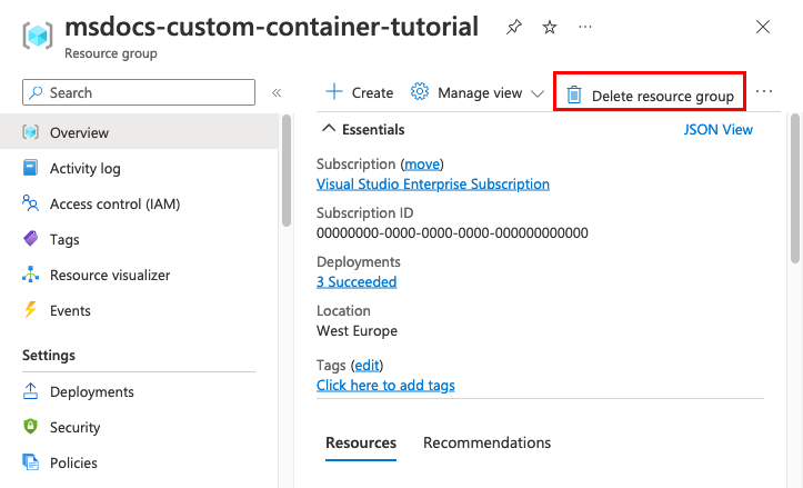 Screenshot showing the location of the Delete resource group button in the Azure portal.