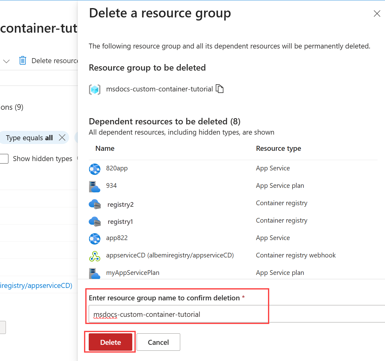 A screenshot of the confirmation dialog for deleting a resource group in the Azure portal.