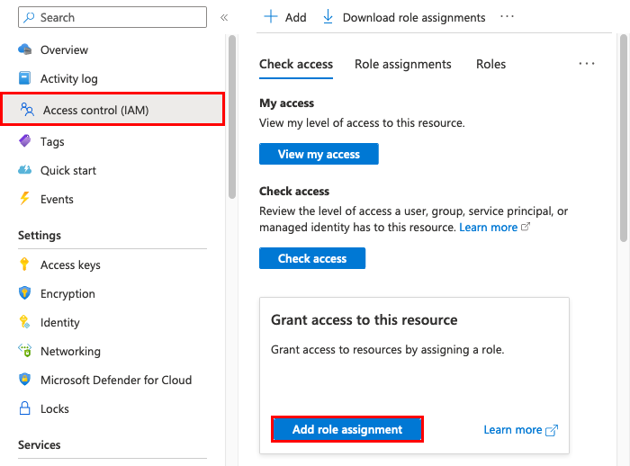 Screenshot showing how to enable adding a role assignment for a container registry.