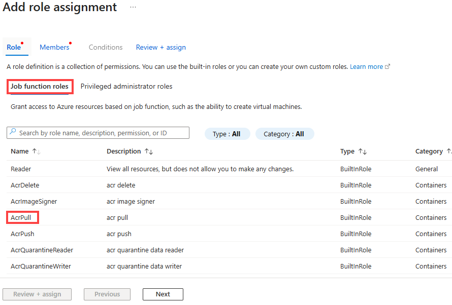 Screenshot showing how to enable pull permission on the container registry.