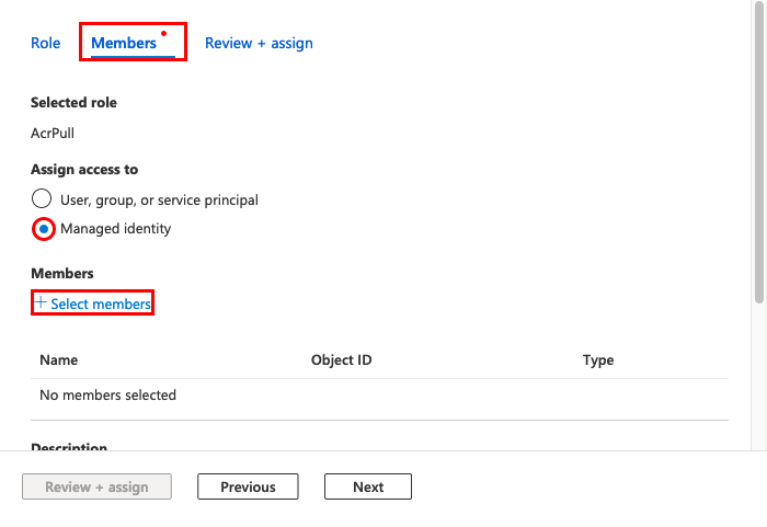 Screenshot showing how to select members for an RBAC role.