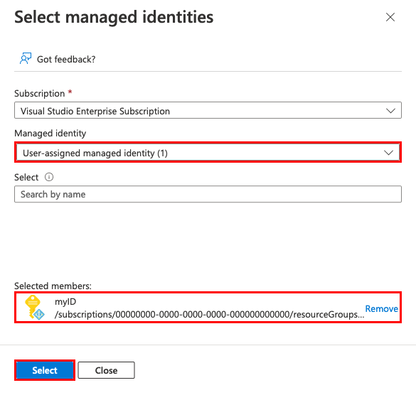 Screenshot showing a user-assigned managed identity selected for role assignment.