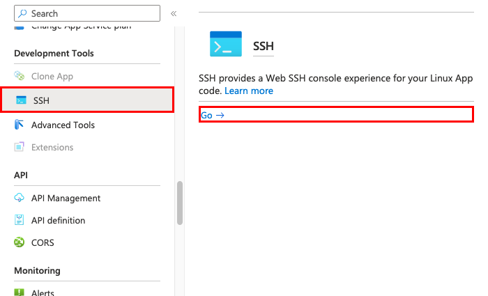 Screenshot showing how to open an SSH session with your custom container.