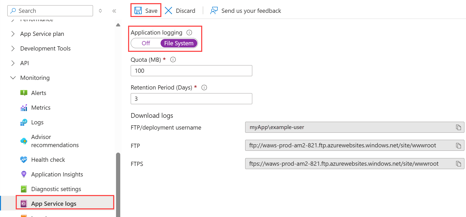 Screenshot showing how to enable diagnostic logging for the custom container.