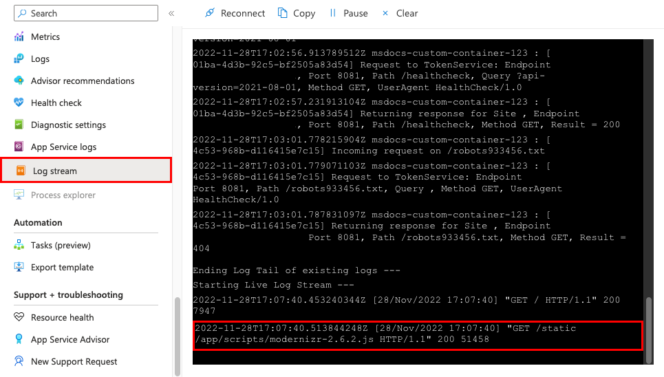 Screenshot showing log messages that contain the container's console output.