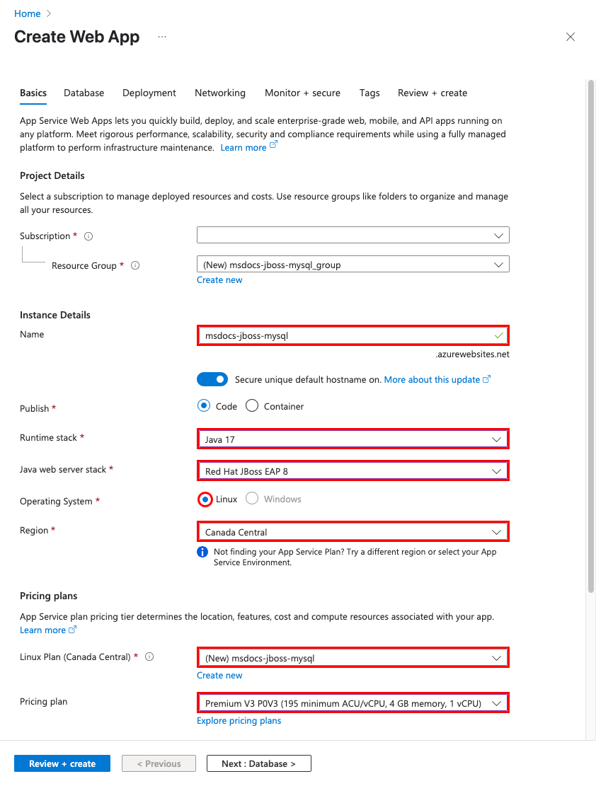 A screenshot showing how to configure a new app in the Web App wizard.