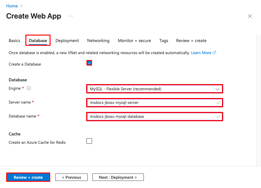 A screenshot showing the database configuration in the Web App wizard.
