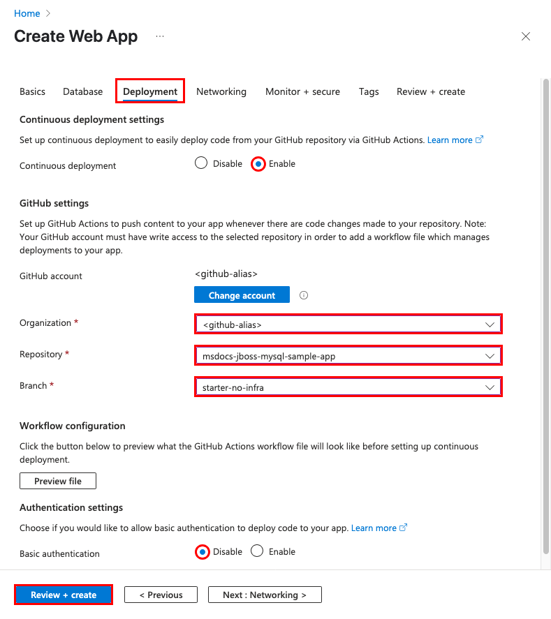 A screenshot showing the deployment configuration in the Web App wizard.