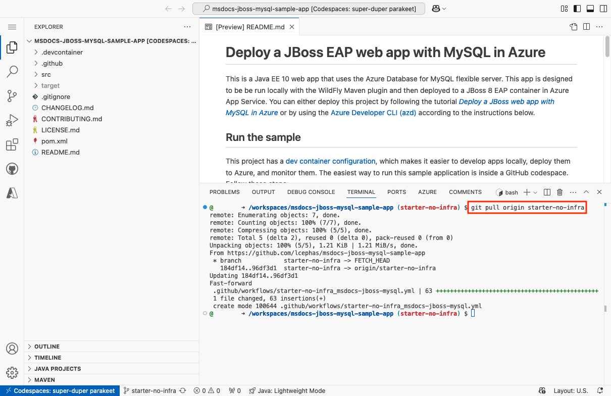 A screenshot showing git pull inside a GitHub codespace.