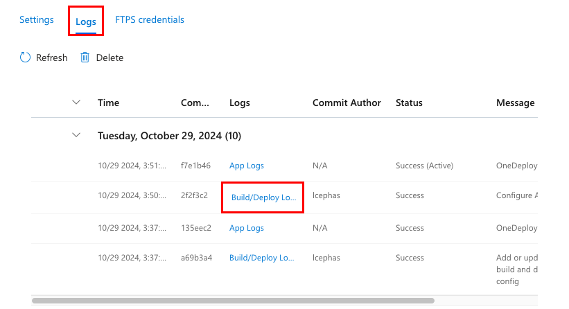 A screenshot showing how to open deployment logs in the deployment center.