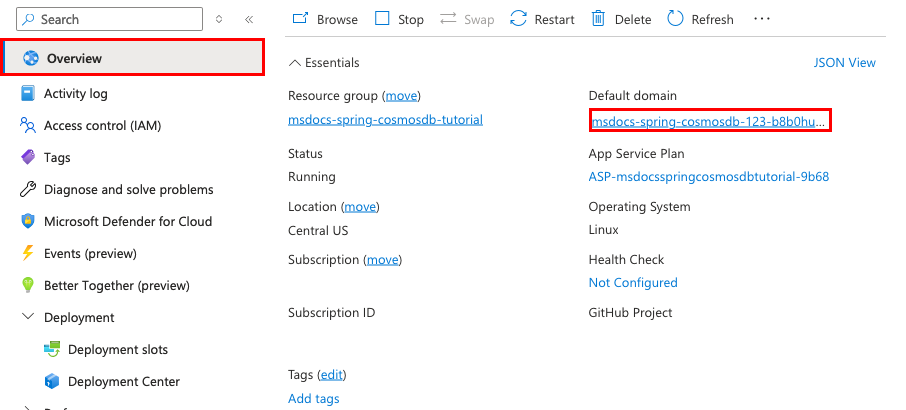 A screenshot showing how to launch an App Service from the Azure portal.