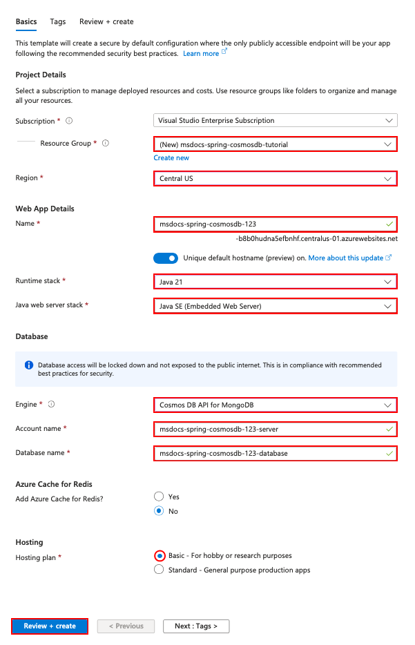 A screenshot showing how to configure a new app and database in the Web App + Database wizard.