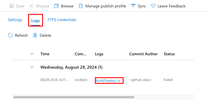 A screenshot showing an error in the deployment center's Logs page.