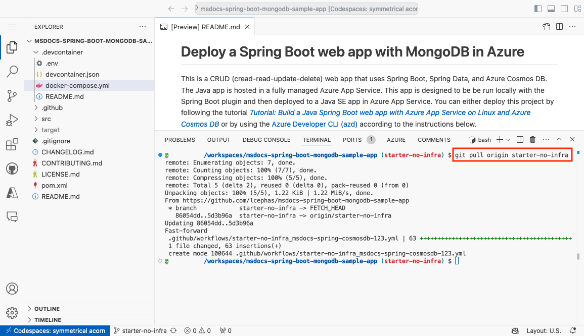 A screenshot showing git pull inside a GitHub codespace.