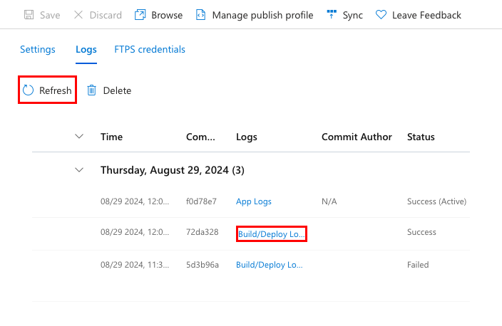 A screenshot showing a successful deployment in the deployment center's Logs page.