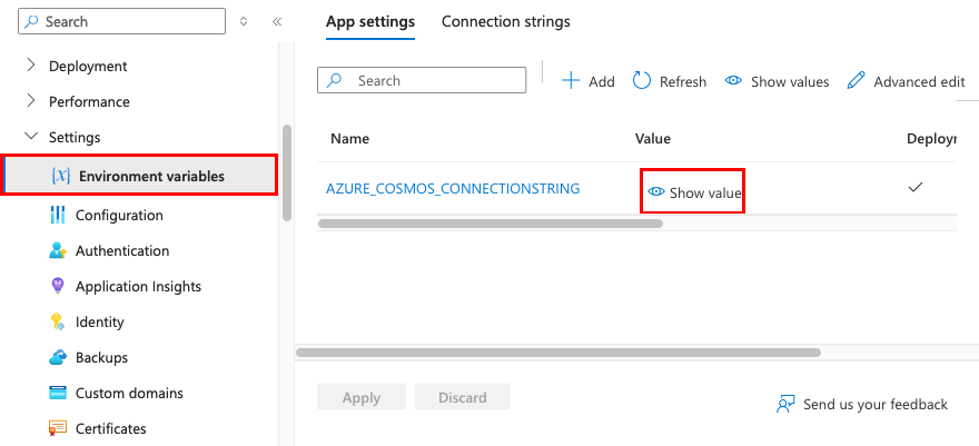 A screenshot showing how to see the value of an app setting.