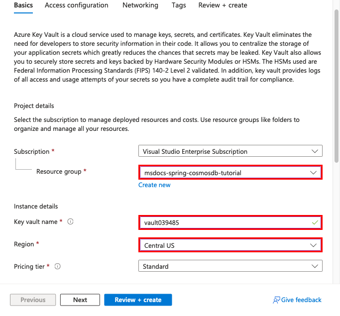 A screenshot showing how to create a key vault.