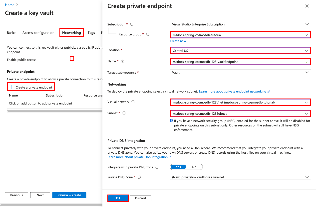 A screenshot showing how to secure a key vault with a private endpoint.