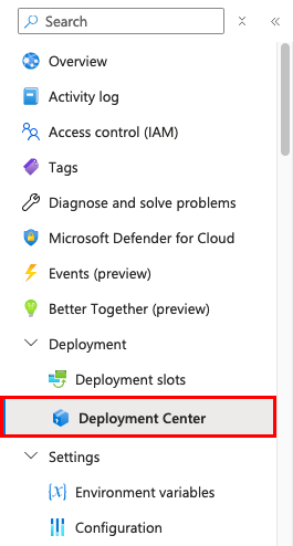 A screenshot showing how to open the deployment center in App Service.