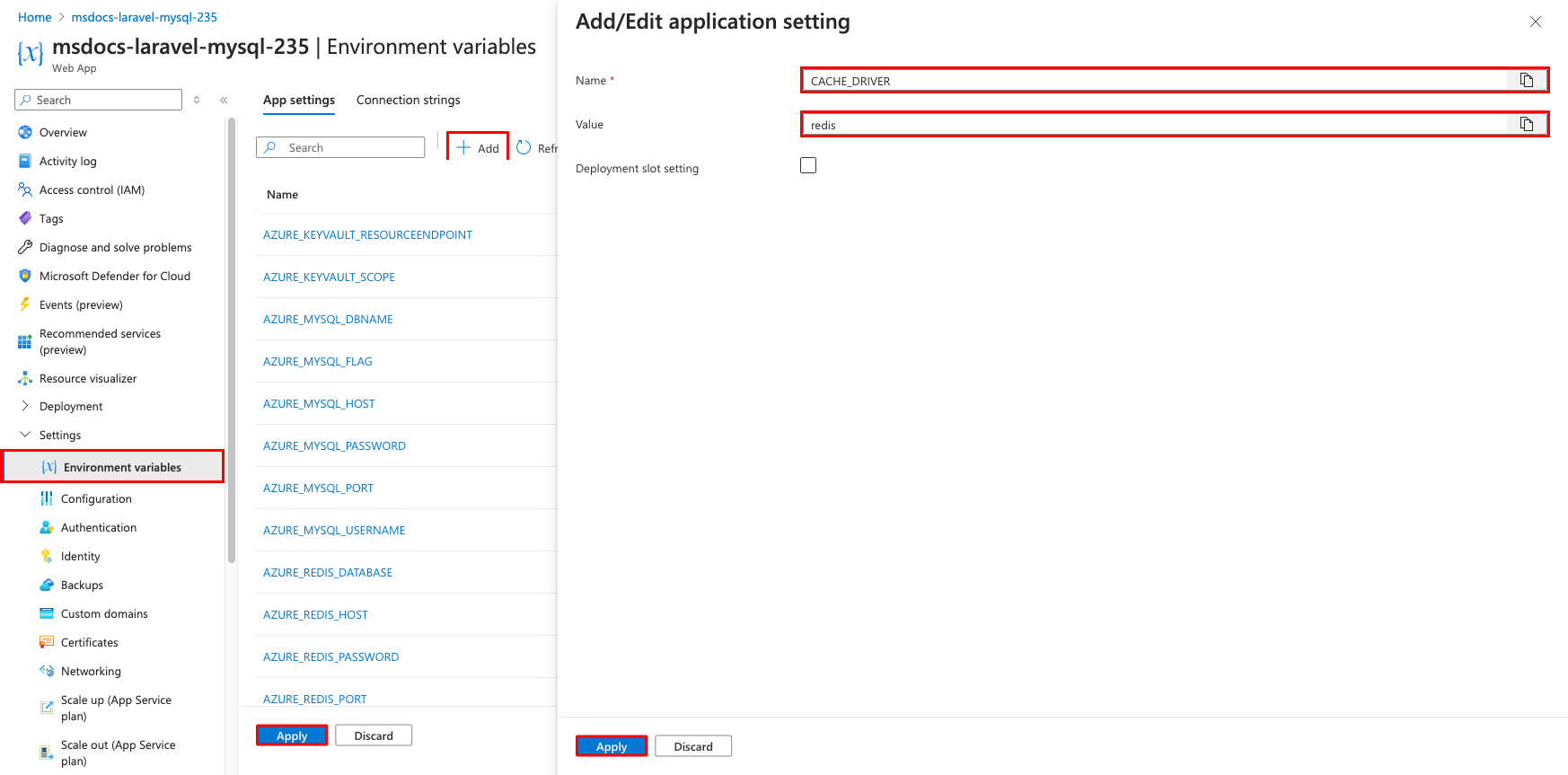 A screenshot showing the Add/Edit application setting dialog for the CACHE_DRIVER setting.