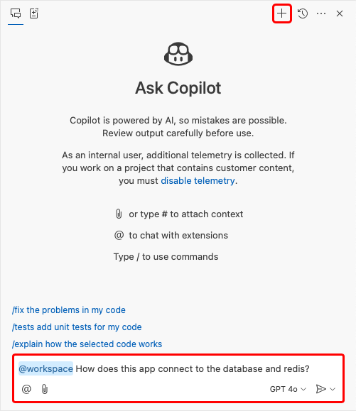 A screenshot showing how to ask a question in a new GitHub Copilot chat session.