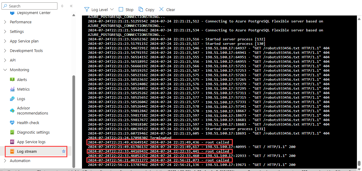 A screenshot showing how to view the log stream in the Azure portal.