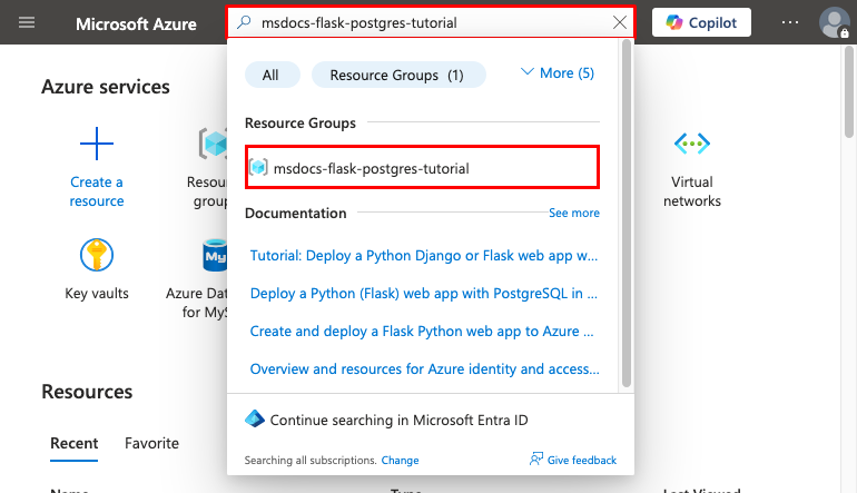 A screenshot showing how to search for and navigate to a resource group in the Azure portal.