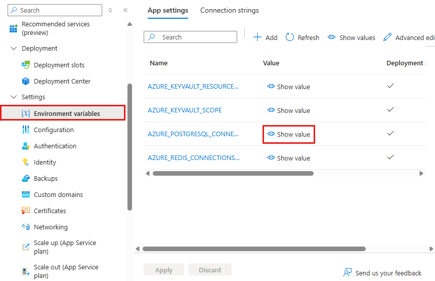 A screenshot showing how to see the value of PostgreSQL password in Azure.