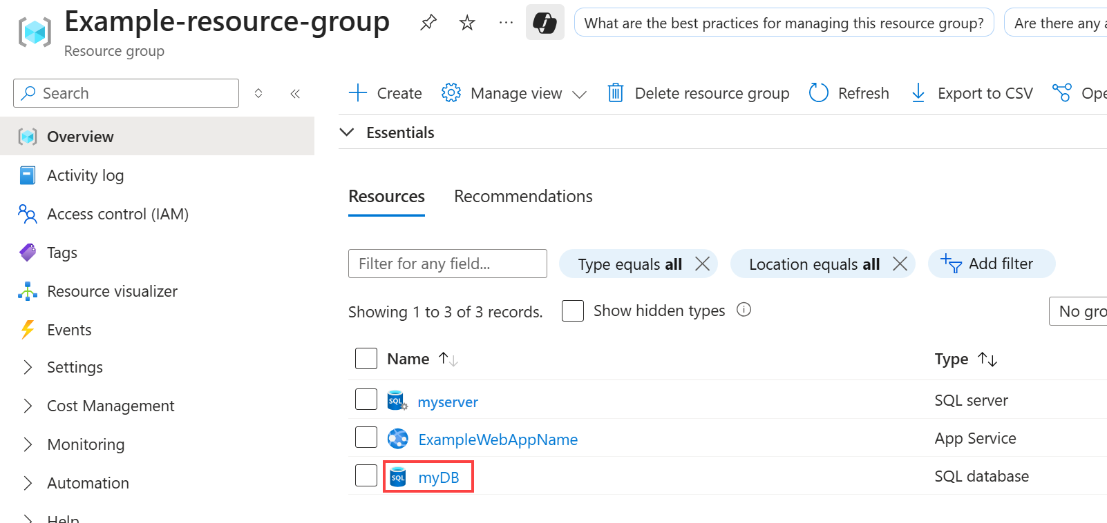 Screenshot that shows a SQL Database resource.
